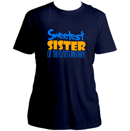 Navy Blue Sweetest Sister Of The Cutest Brother Unisex T-Shirt by Garrari with contrast blue and yellow sister quote print