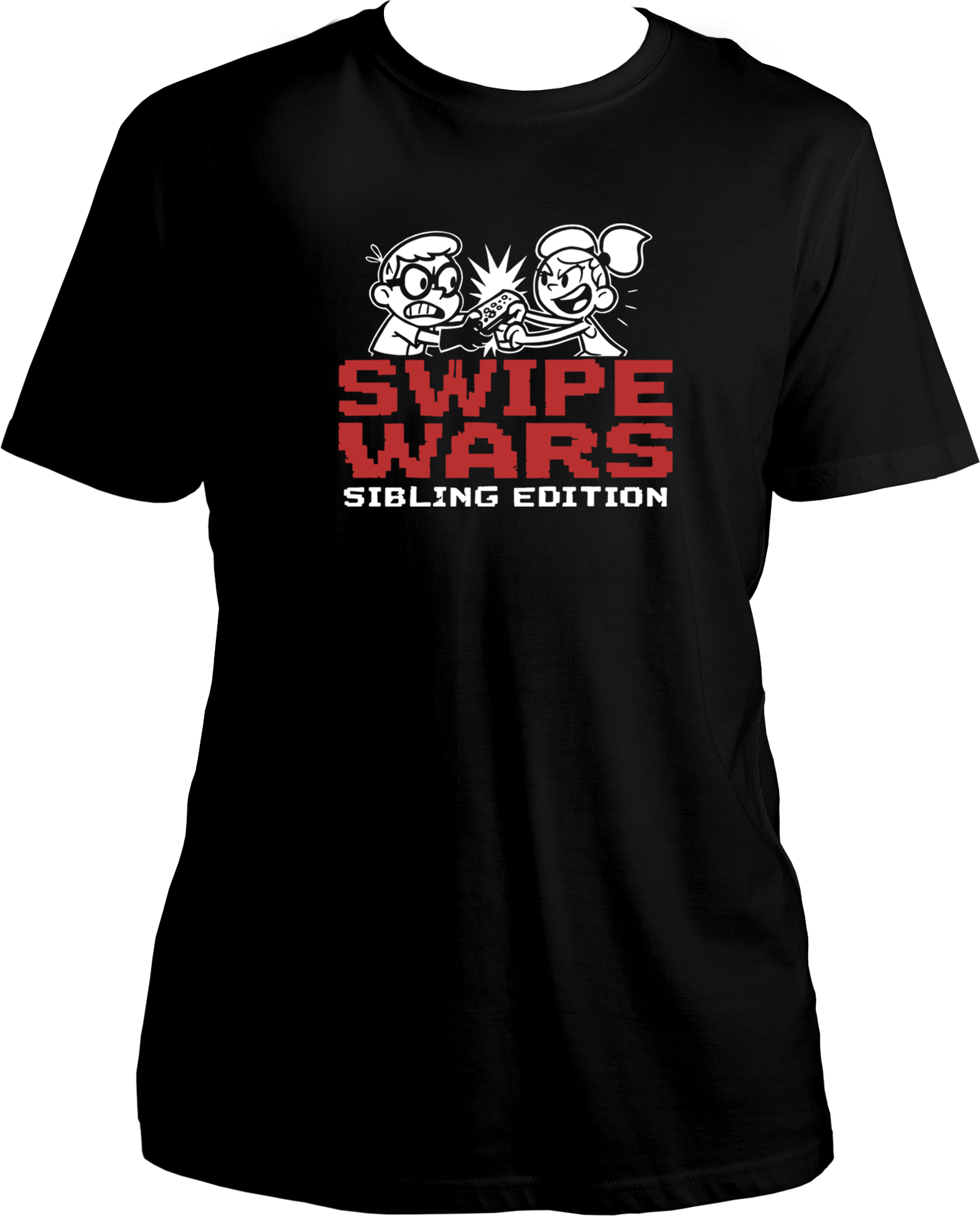 regular fit t-shirt with Swipe Wars Sibling Edition graphic showing cartoon siblings fighting over pizza in a retro pixel design
