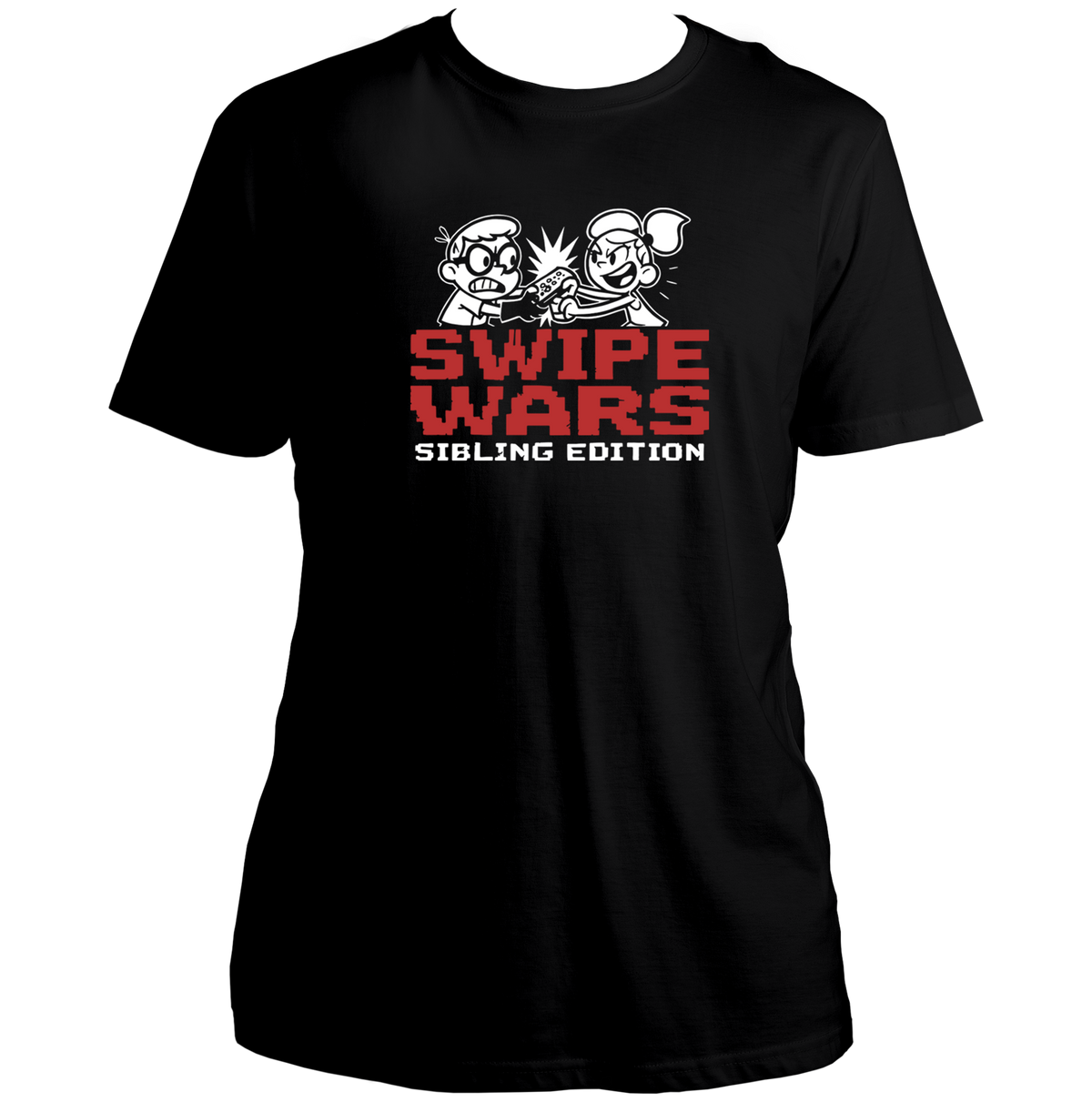 Swipe Wars Sibling Edition Unisex T-Shirt by Garrari with funny brother-sister remote fight graphic