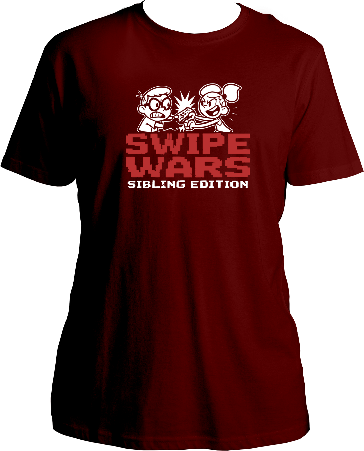 regular fit t-shirt with Swipe Wars Sibling Edition graphic showing cartoon siblings fighting over pizza in a retro pixel design