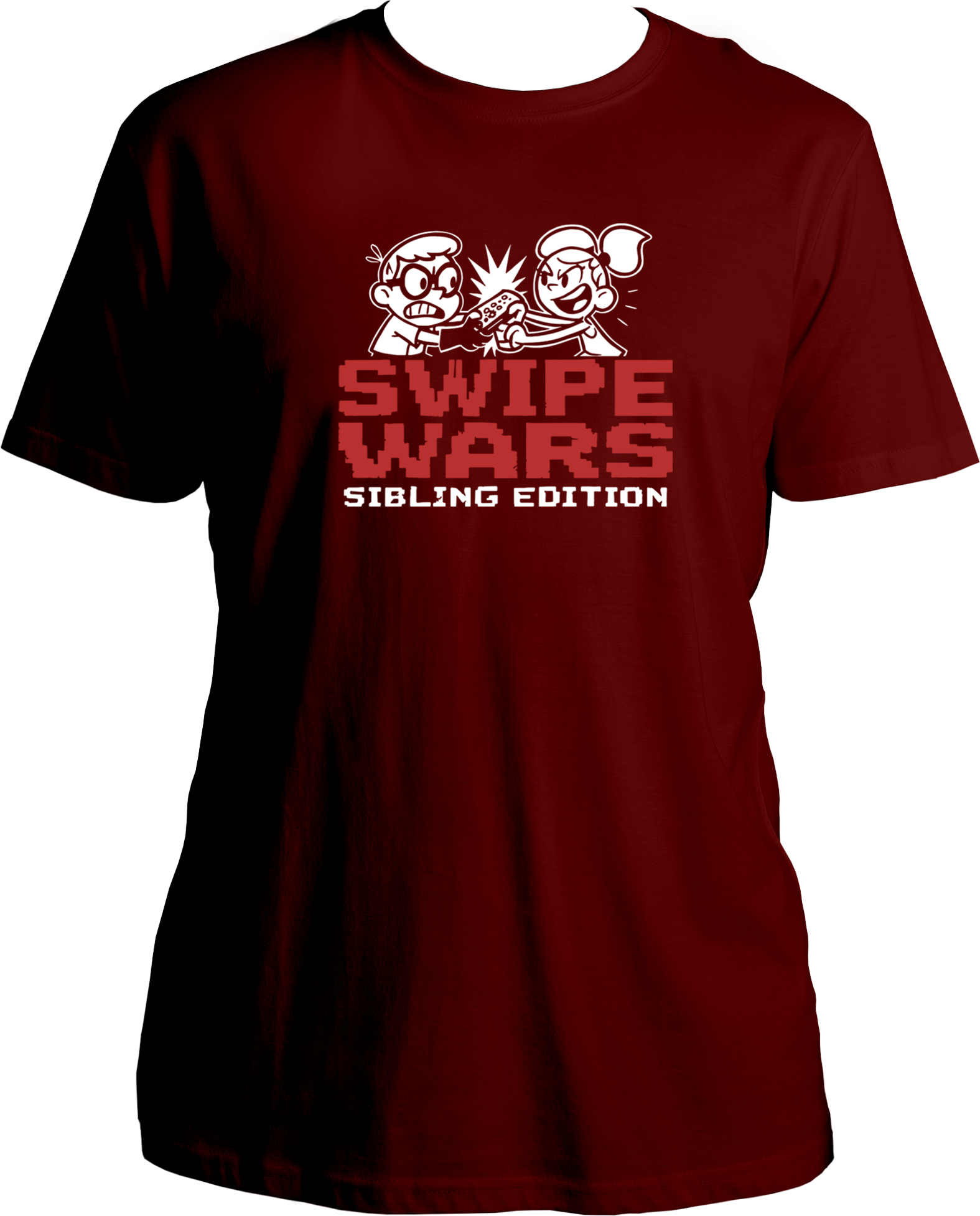 regular fit t-shirt with Swipe Wars Sibling Edition graphic showing cartoon siblings fighting over pizza in a retro pixel design