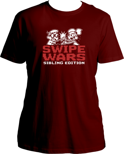 regular fit t-shirt with Swipe Wars Sibling Edition graphic showing cartoon siblings fighting over pizza in a retro pixel design