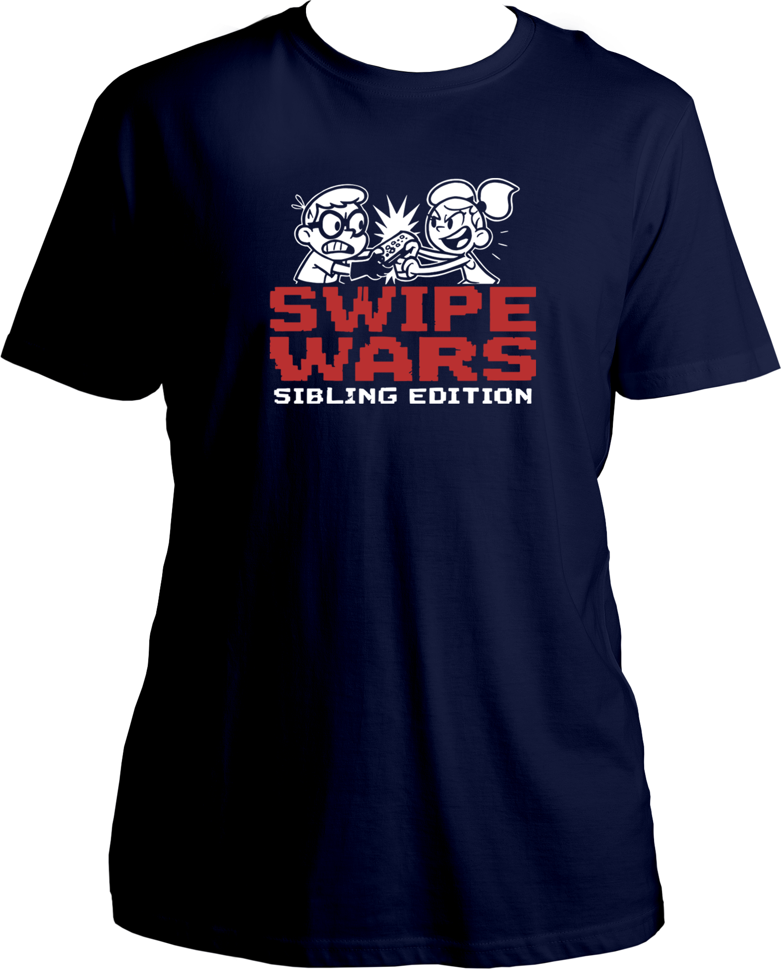 regular fit t-shirt with Swipe Wars Sibling Edition graphic showing cartoon siblings fighting over pizza in a retro pixel design