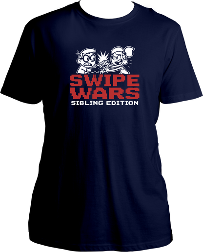 regular fit t-shirt with Swipe Wars Sibling Edition graphic showing cartoon siblings fighting over pizza in a retro pixel design