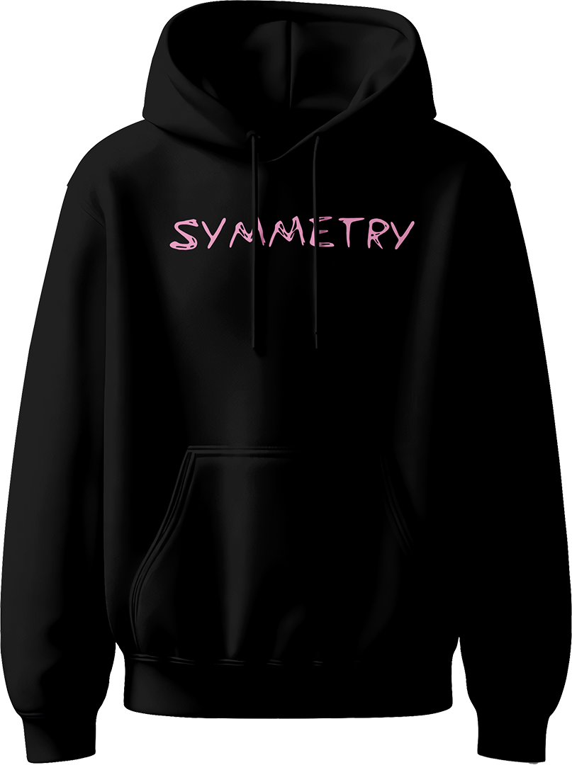 hoodie with pink “Symmetry” text inspired by Karan Aujla.