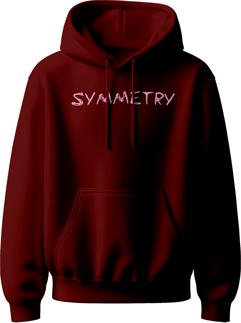 hoodie with pink “Symmetry” text inspired by Karan Aujla.