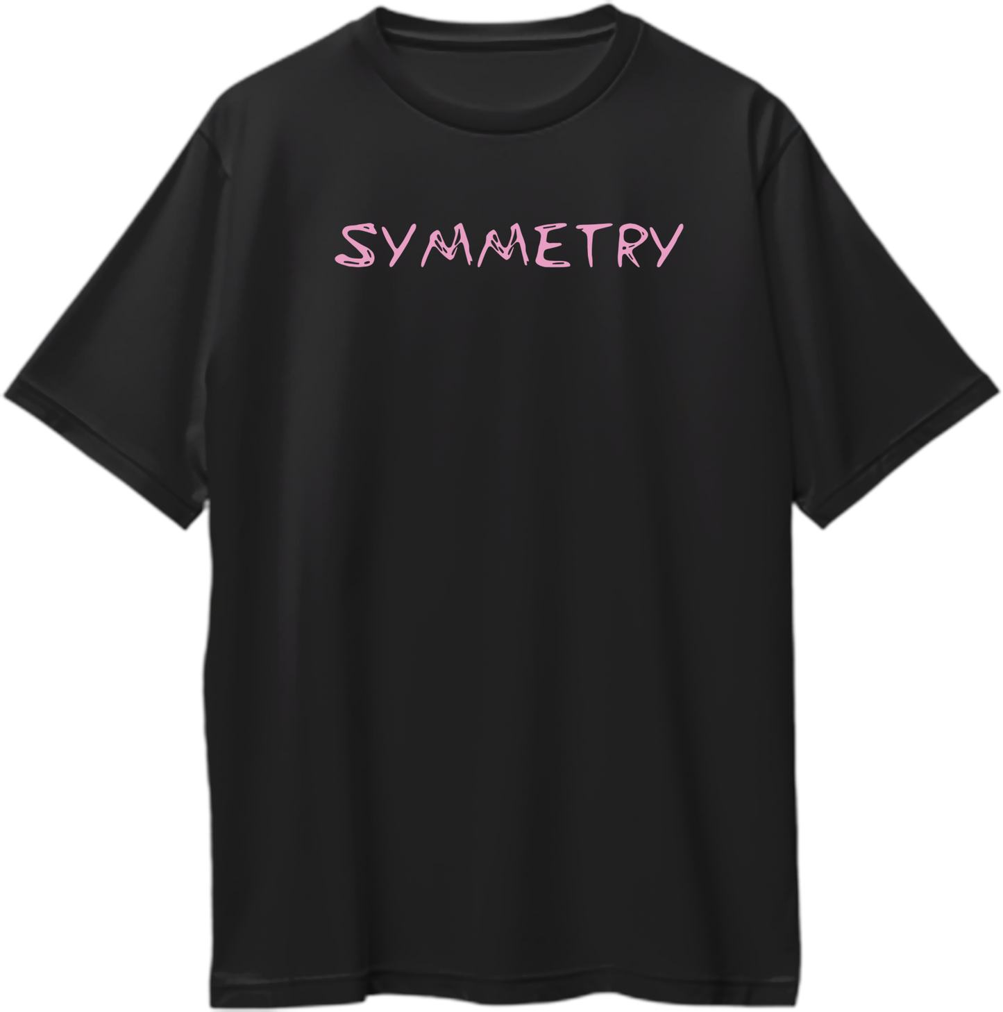 Black oversized t-shirt with pink ‘Symmetry’ typography in a clean minimal Karan Aujla inspired design.