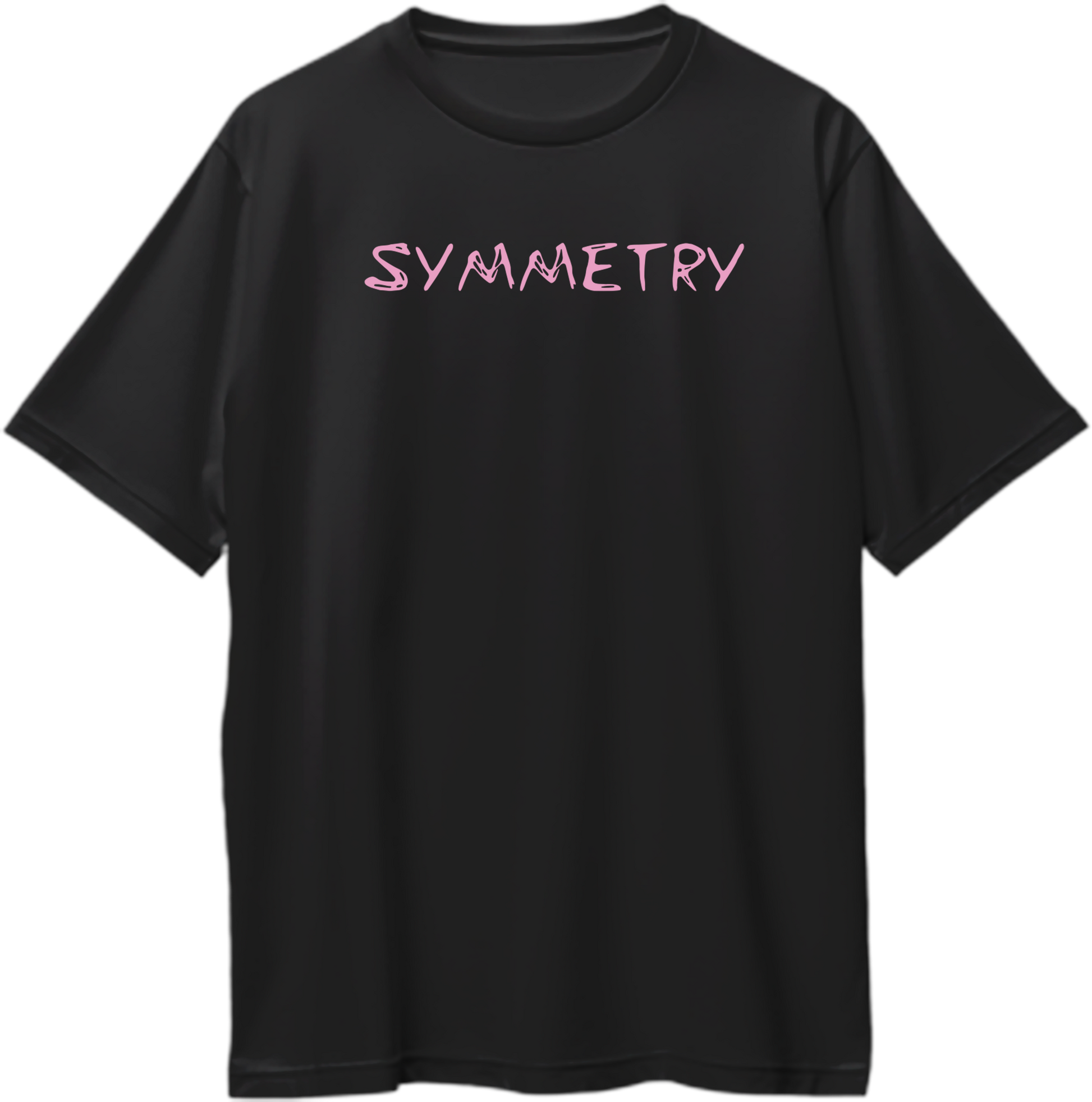 Black oversized t-shirt with pink ‘Symmetry’ typography in a clean minimal Karan Aujla inspired design.