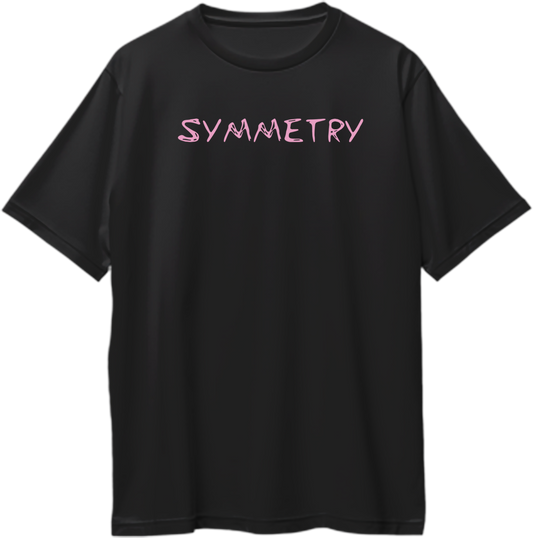 Black oversized t-shirt with pink ‘Symmetry’ typography in a clean minimal Karan Aujla inspired design.