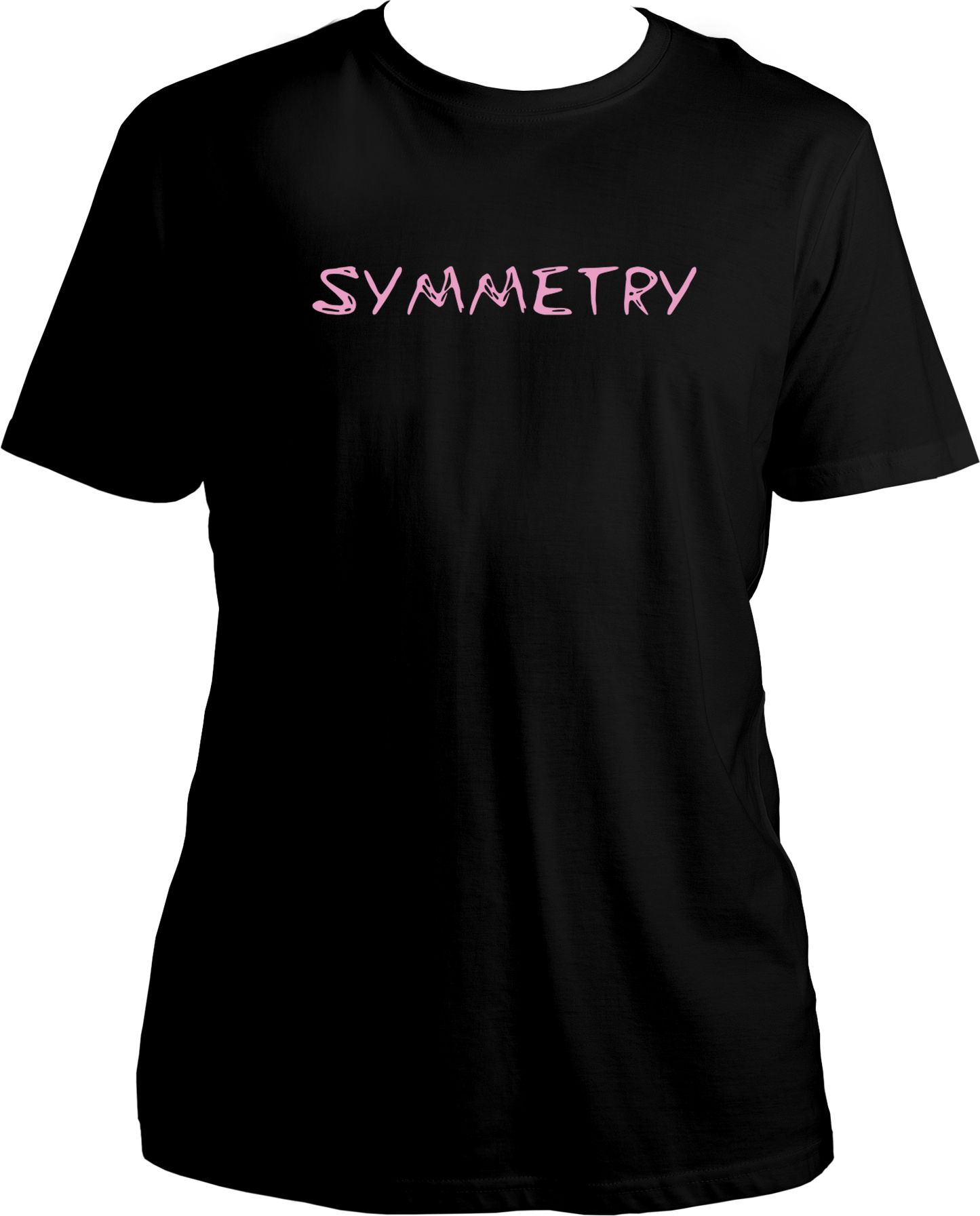 T-shirt with pink “Symmetry” text in a minimal Karan Aujla–inspired design.