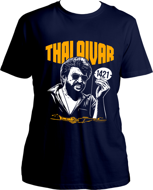 Thalaivar unisex regular fit t-shirt in Navy Blue with Coolie 1421 bold text design, premium cotton