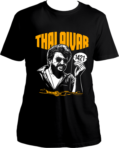 Thalaivar unisex regular fit t-shirt in black with Coolie 1421 bold text design, premium cotton