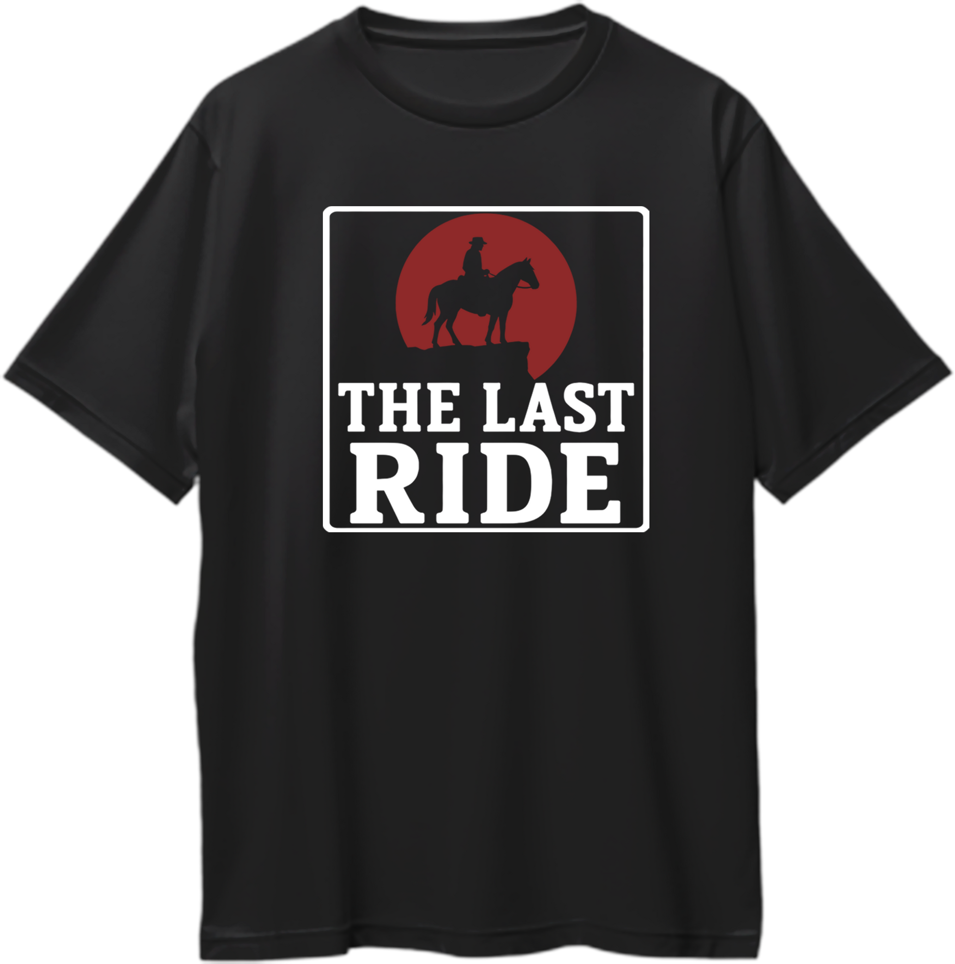 Black oversized unisex t-shirt featuring Red Dead Redemption 2 inspired design of a cowboy on horseback against red sun with text “The Last Ride” – Garrari Brand.