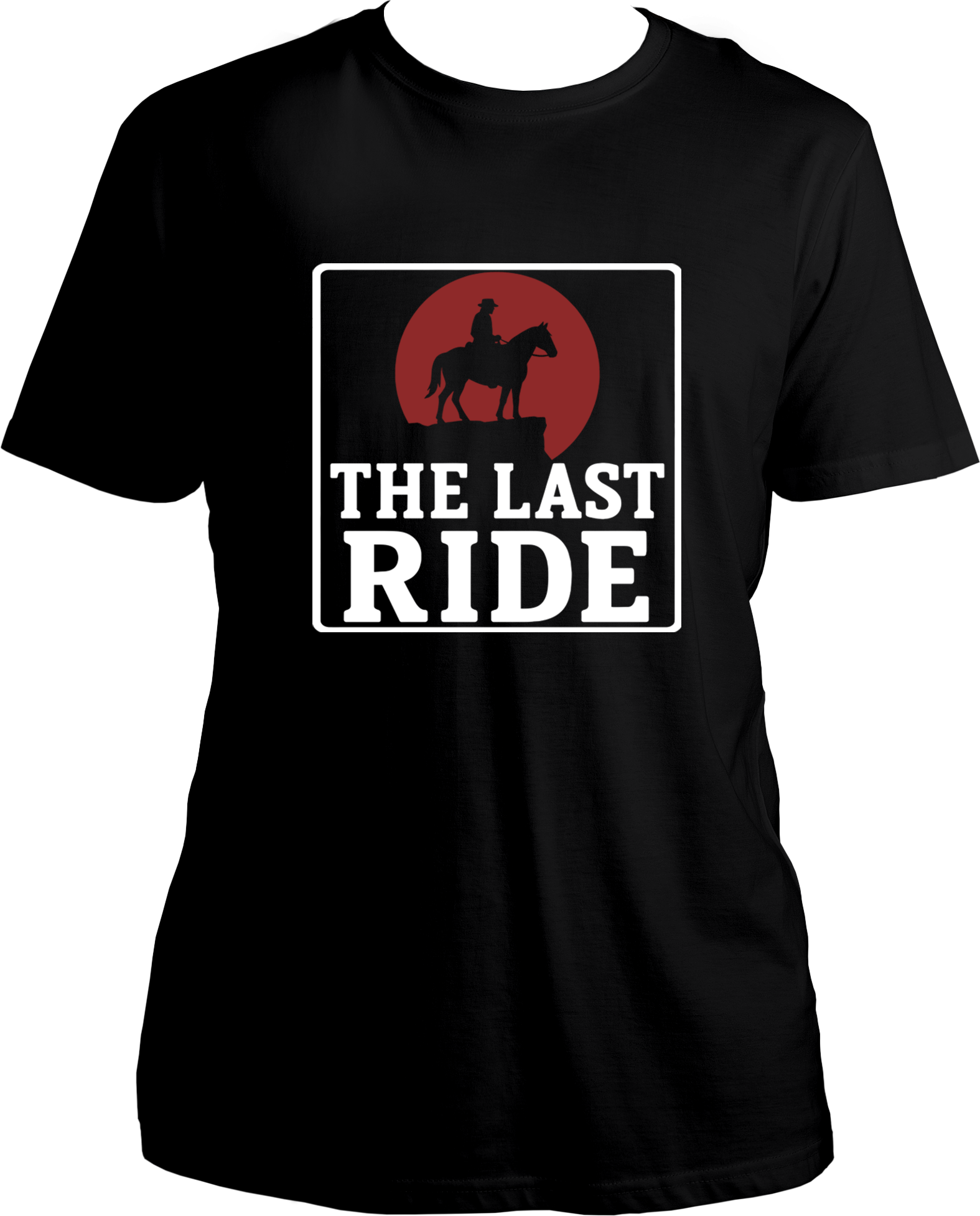 unisex cotton t-shirt featuring Red Dead Redemption 2 inspired design of cowboy on horseback with red sun and text “The Last Ride” – Garrari Brand.