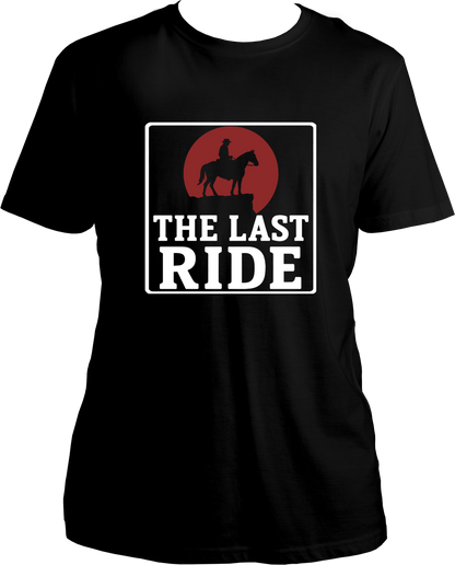 unisex cotton t-shirt featuring Red Dead Redemption 2 inspired design of cowboy on horseback with red sun and text “The Last Ride” – Garrari Brand.