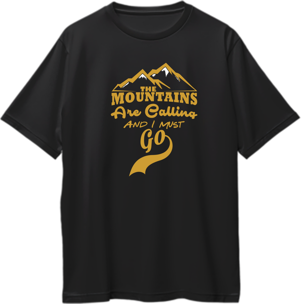 Black The Mountains Are Calling And I Must Go Oversized T-Shirt by Garrari with golden mountain travel quote graphic
