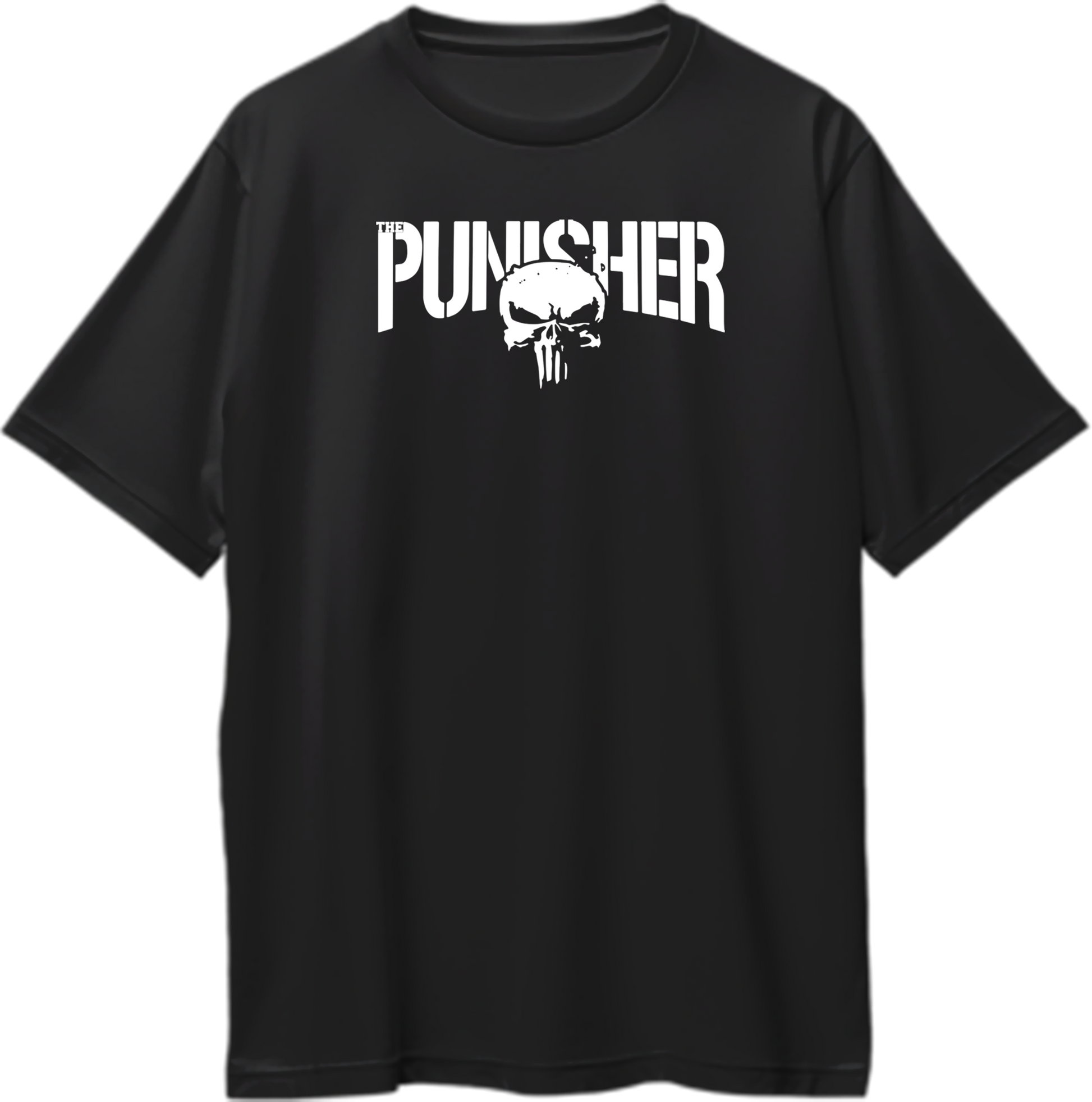 "Oversized unisex t-shirt featuring bold Punisher skull logo, vigilante and streetwear-inspired casual clothing."