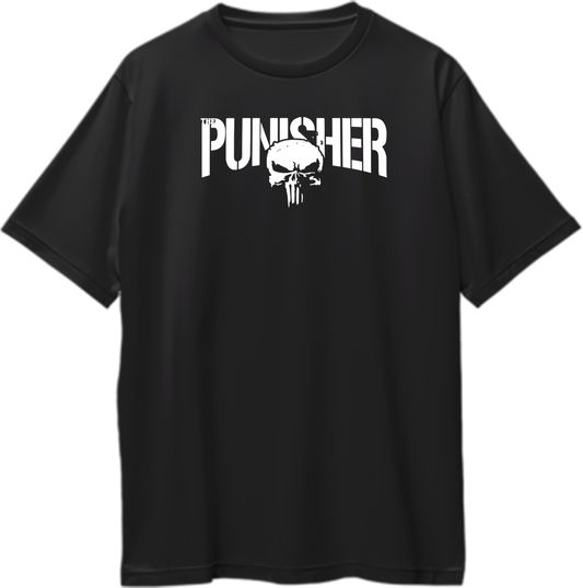 "Oversized unisex t-shirt featuring bold Punisher skull logo, vigilante and streetwear-inspired casual clothing."