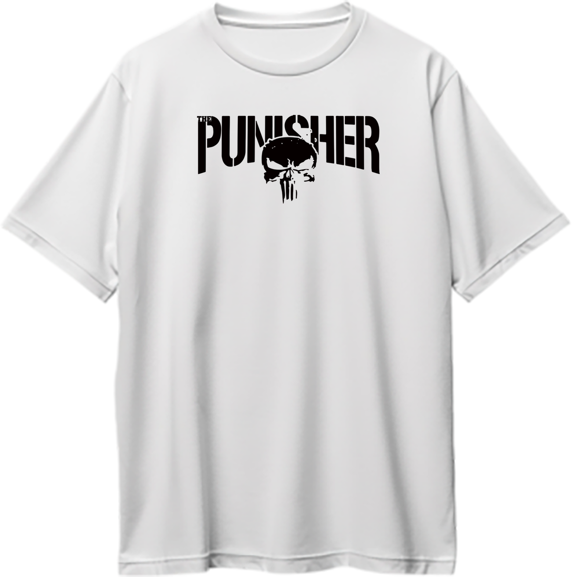 "Oversized unisex t-shirt featuring bold Punisher skull logo, vigilante and streetwear-inspired casual clothing."