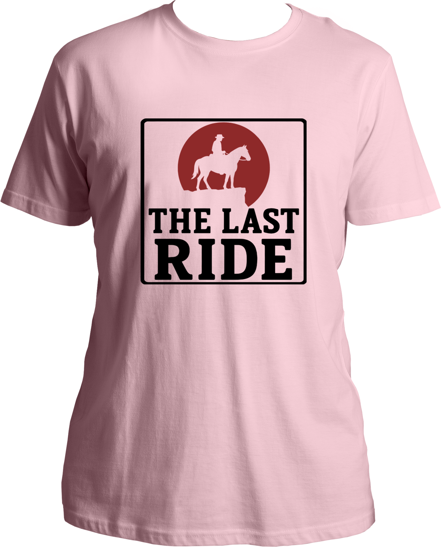 unisex cotton t-shirt featuring Red Dead Redemption 2 inspired design of cowboy on horseback with red sun and text “The Last Ride” – Garrari Brand.