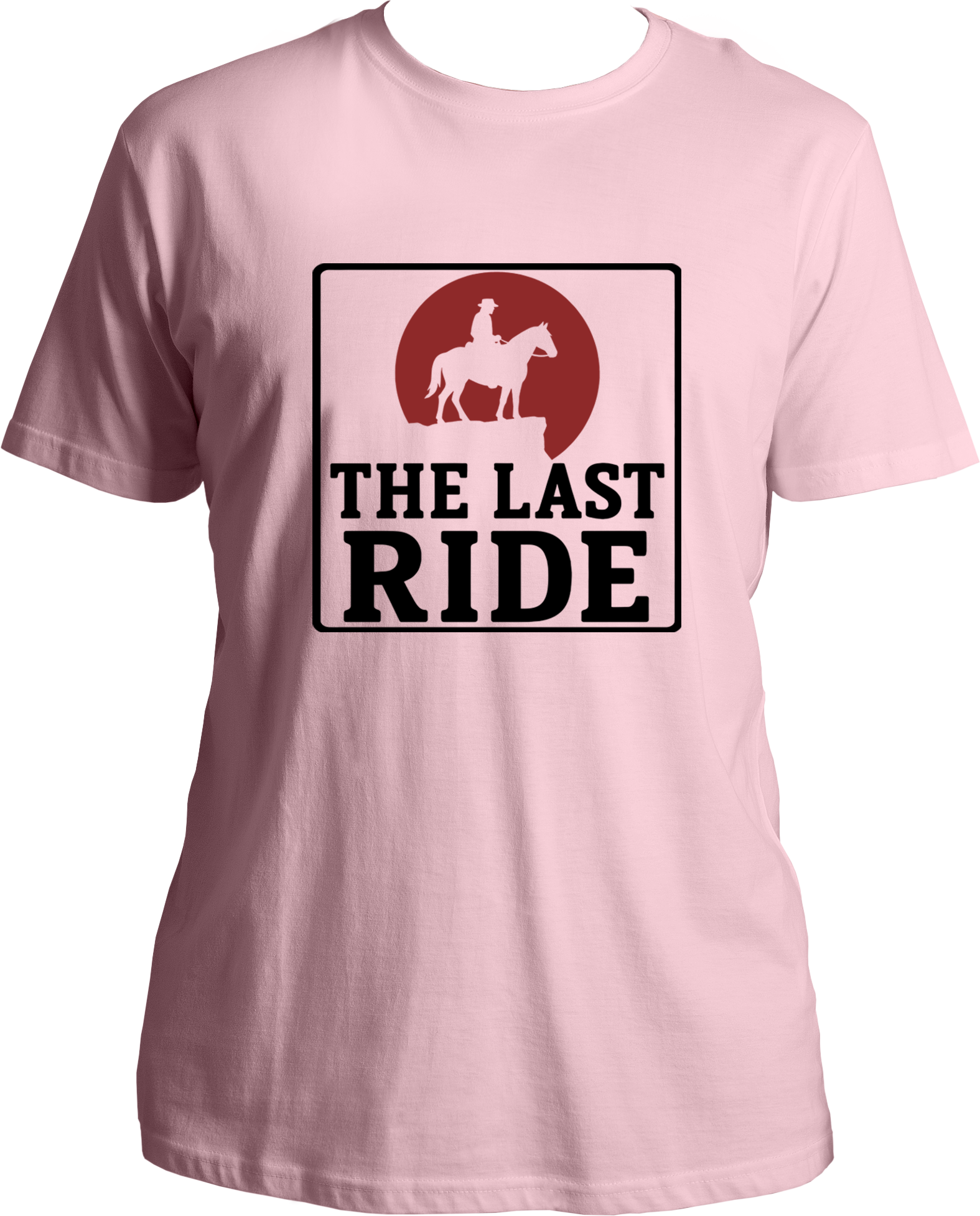 unisex cotton t-shirt featuring Red Dead Redemption 2 inspired design of cowboy on horseback with red sun and text “The Last Ride” – Garrari Brand.