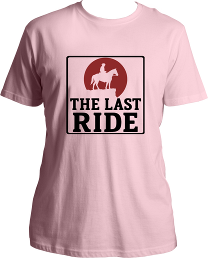 unisex cotton t-shirt featuring Red Dead Redemption 2 inspired design of cowboy on horseback with red sun and text “The Last Ride” – Garrari Brand.