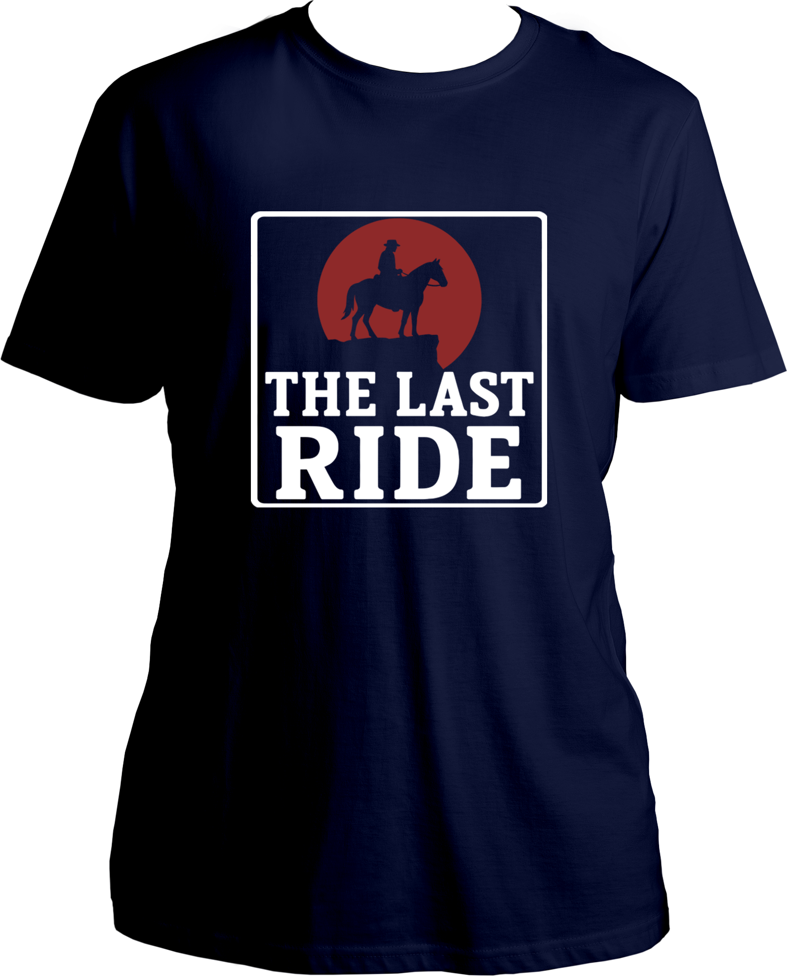 unisex cotton t-shirt featuring Red Dead Redemption 2 inspired design of cowboy on horseback with red sun and text “The Last Ride” – Garrari Brand.
