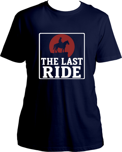 unisex cotton t-shirt featuring Red Dead Redemption 2 inspired design of cowboy on horseback with red sun and text “The Last Ride” – Garrari Brand.