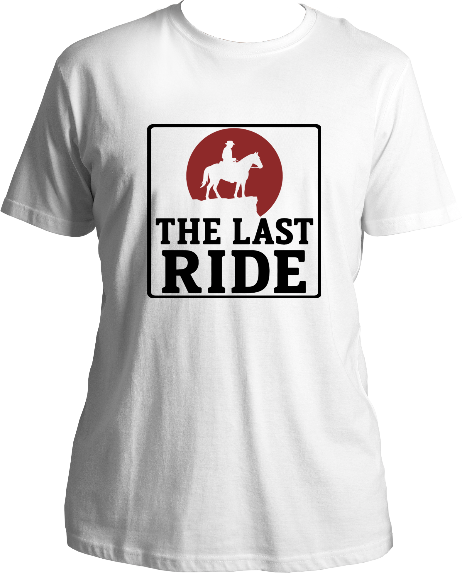 unisex cotton t-shirt featuring Red Dead Redemption 2 inspired design of cowboy on horseback with red sun and text “The Last Ride” – Garrari Brand.