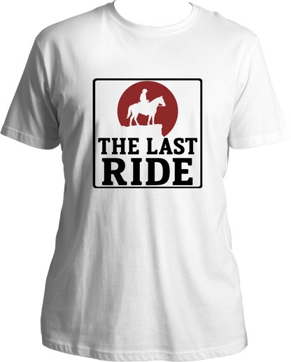 unisex cotton t-shirt featuring Red Dead Redemption 2 inspired design of cowboy on horseback with red sun and text “The Last Ride” – Garrari Brand.
