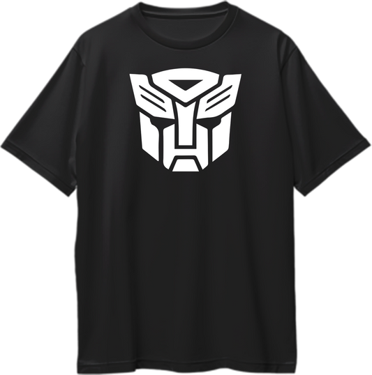 Front view of Transformers Oversized Unisex T-Shirt featuring Autobots and Decepticons graphic print.