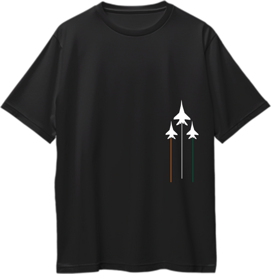 Tri Color Oversized T-Shirt with Tiranga-inspired aircraft graphic and saffron white green trails