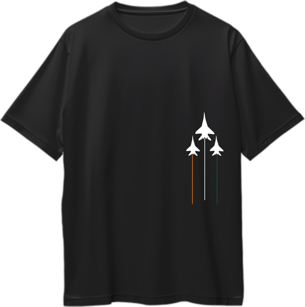 Tri Color Oversized T-Shirt with Tiranga-inspired aircraft graphic and saffron white green trails