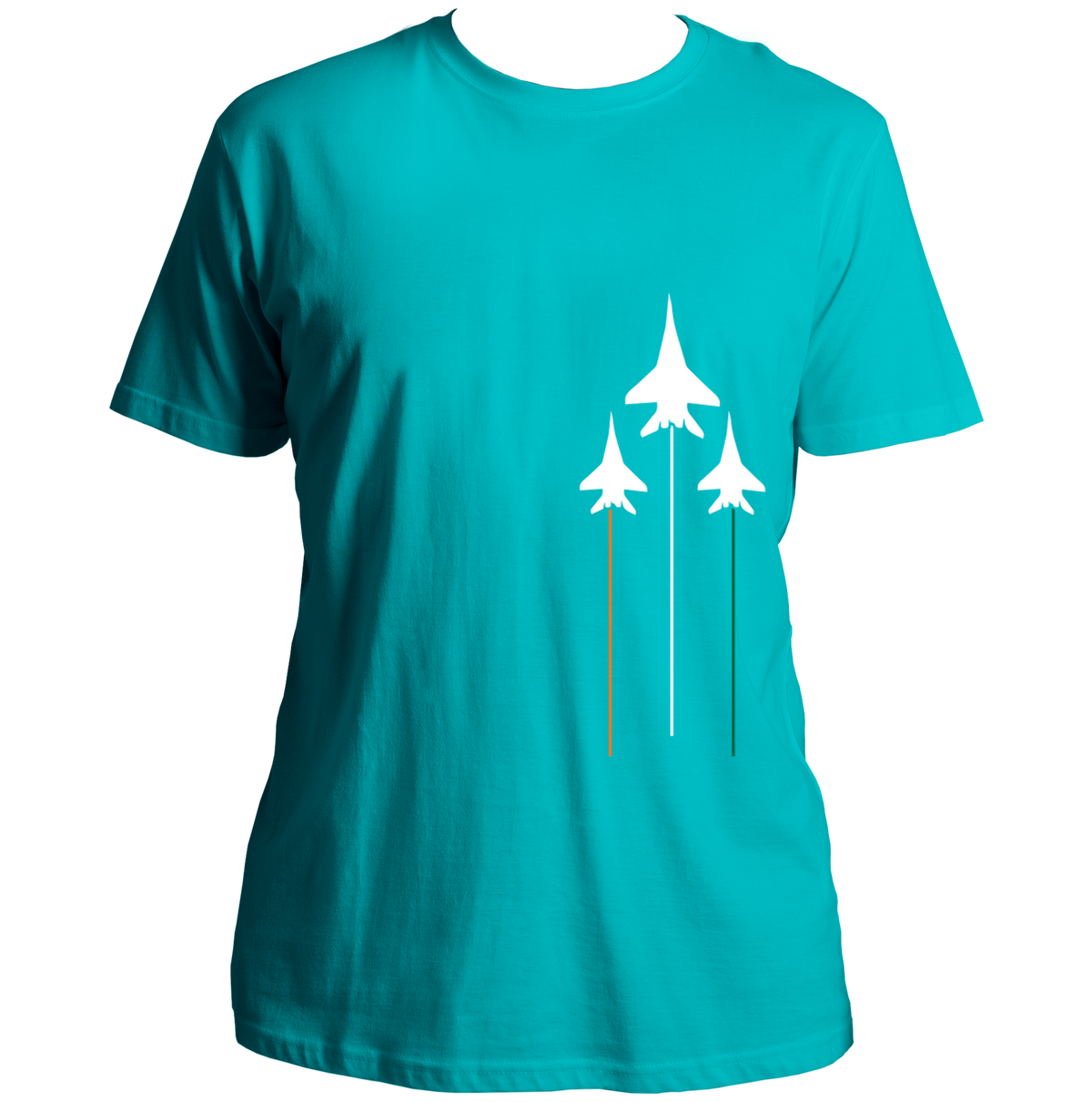 Aqua Blue Tri Color Unisex T-Shirt with saffron white green aircraft design