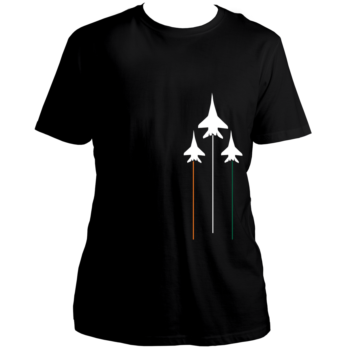 Black Tri Color Unisex T-Shirt with patriotic Tiranga aircraft graphic