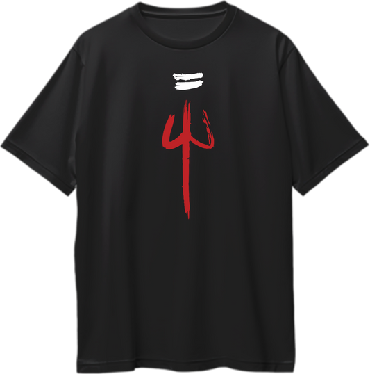 The Trishula Oversized Unisex T-Shirt featuring Lord Shiva’s Trishul and Tilak design, symbolizing strength and spiritual energy.
