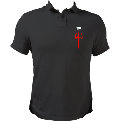Black The Trishula polo T-shirt with Mahadev trishul and tripund tilak artwork by Garrari