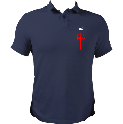 Navy Blue The Trishula polo T-shirt with Shambhu devotional chest print by Garrari