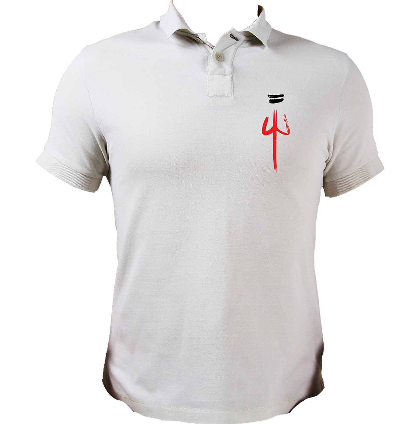 White The Trishula polo T-shirt with trishula artwork and tripund tilak by Garrari