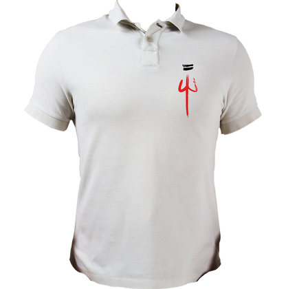 White The Trishula polo T-shirt with trishula artwork and tripund tilak by Garrari