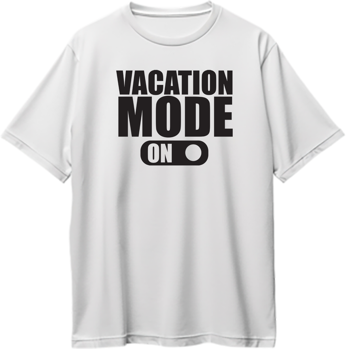 White Vacation Mode On Oversized T-Shirt by Garrari with bold black vacation toggle graphic