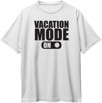 White Vacation Mode On Oversized T-Shirt by Garrari with bold black vacation toggle graphic