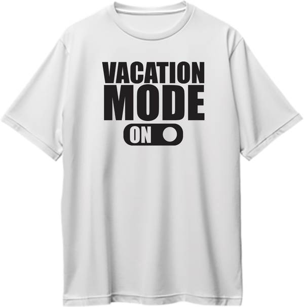 White Vacation Mode On Oversized T-Shirt by Garrari with bold black vacation toggle graphic
