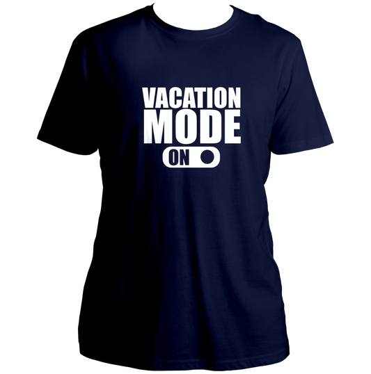 Navy Blue Vacation Mode On Unisex T-Shirt by Garrari with bold vacation toggle graphic