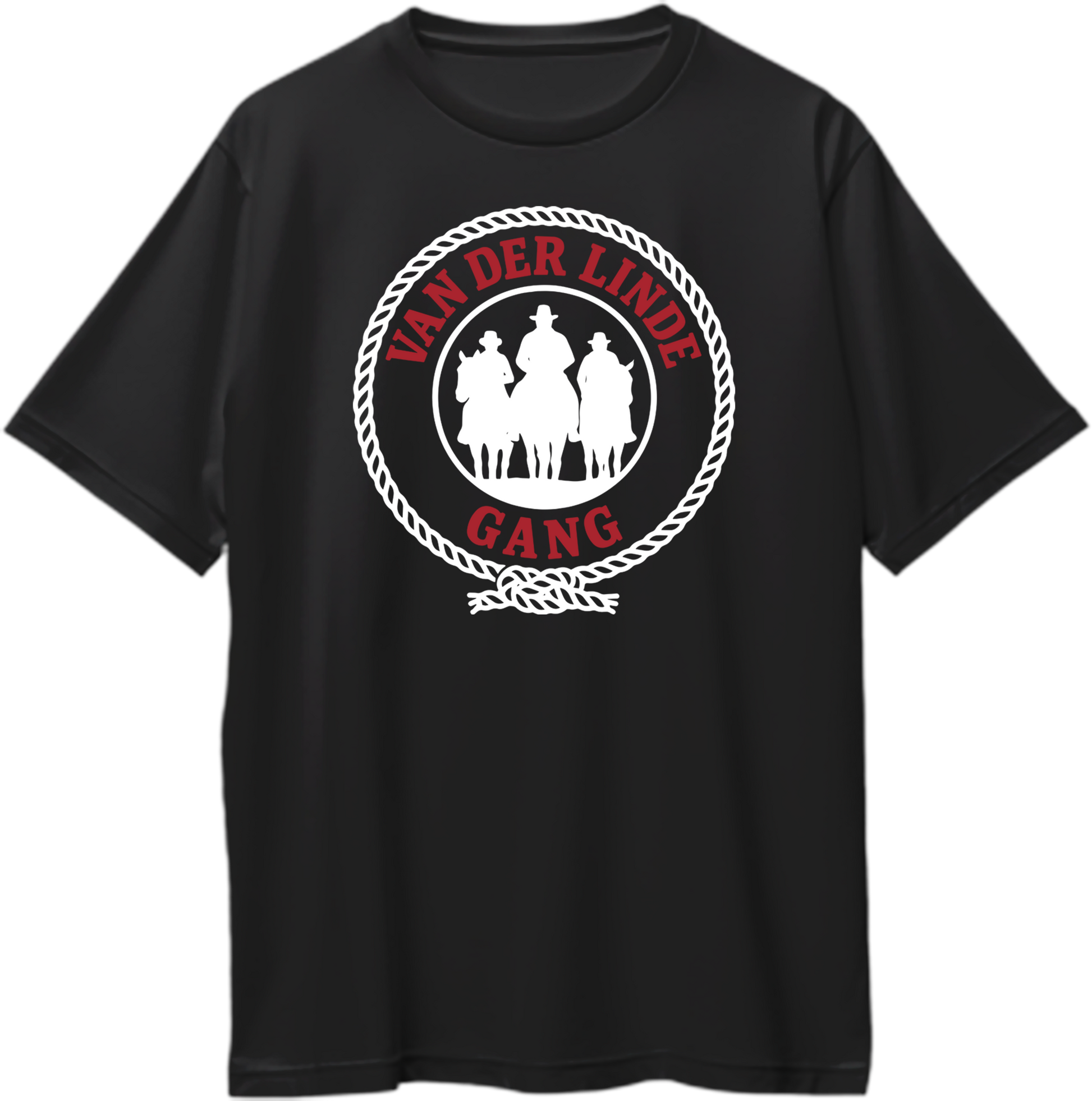 Black oversized unisex t-shirt with Van der Linde Gang rope emblem and three cowboy riders, inspired by Red Dead Redemption 2 – Garrari Brand.