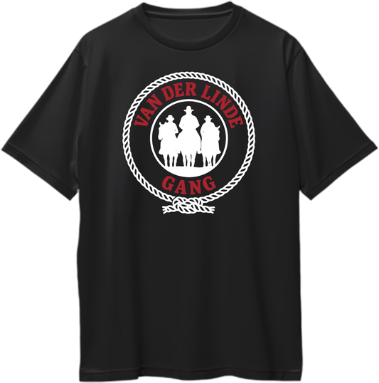 Black oversized unisex t-shirt with Van der Linde Gang rope emblem and three cowboy riders, inspired by Red Dead Redemption 2 – Garrari Brand.