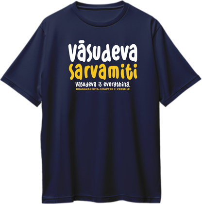 Navy Blue Vasudeva Sarvamiti oversized T-shirt with Shri Krishna devotional design by Garrari
