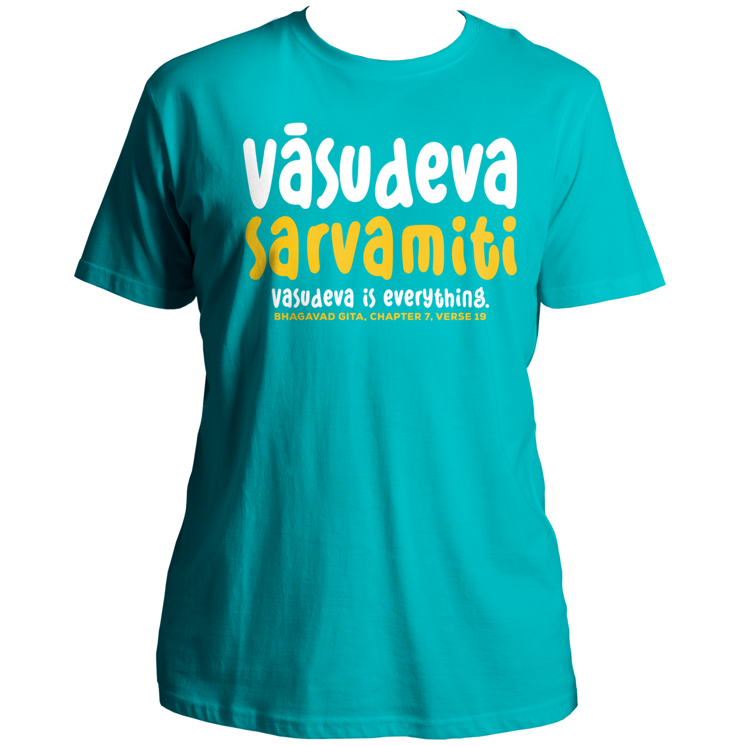 Aqua Blue Vasudeva Sarvamiti T-shirt with Krishna devotional design by Garrari