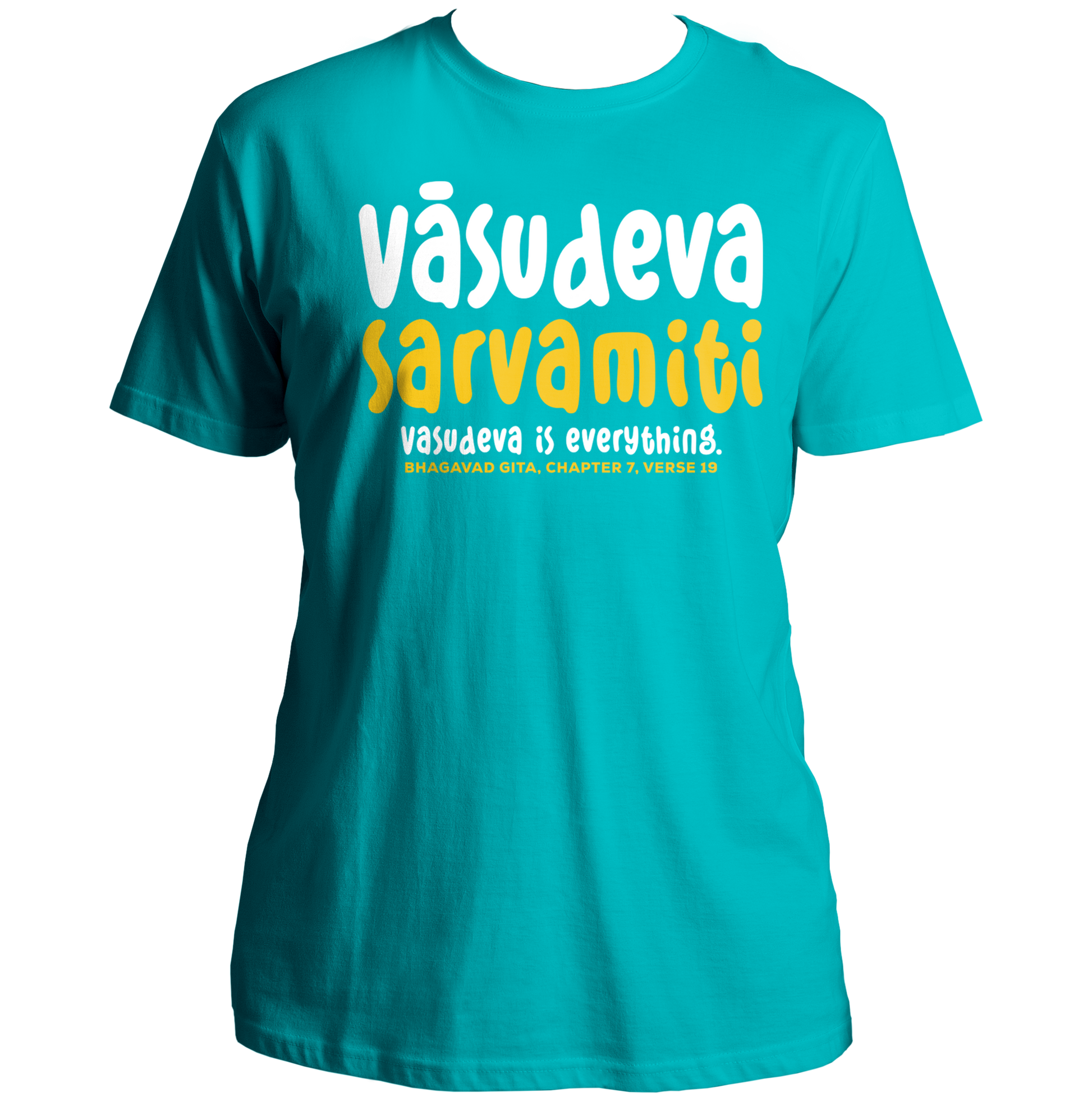 Aqua Blue Vasudeva Sarvamiti T-shirt with Krishna devotional design by Garrari