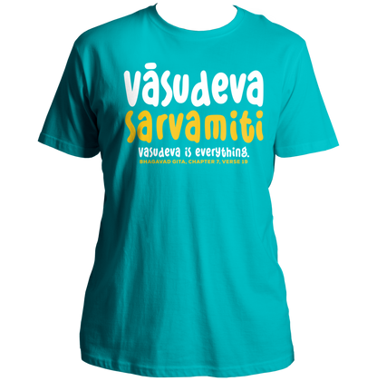 Aqua Blue Vasudeva Sarvamiti T-shirt with Krishna devotional design by Garrari